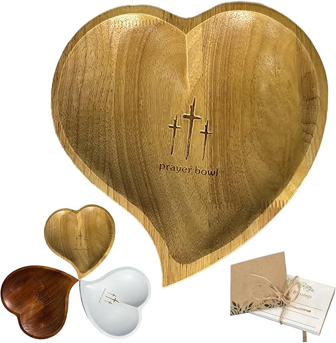 Heart Prayer Bowl Wooden with 24 Prayer Cards, Christian Congregation Religious Prayer Gifts (Yellow)
