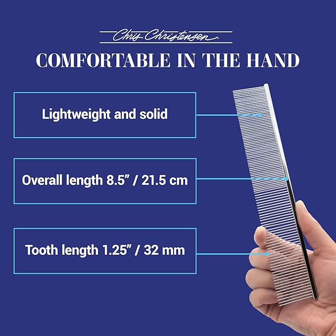 Chris Christensen 504 8.5 in. Fine/Coarse Greyhound-Style Butter Comb, Groom Like a Professional, Rounded Corners Prevent Friction and Breakage, Solid Brass Spin with Steel Teeth, Chrome Finish.