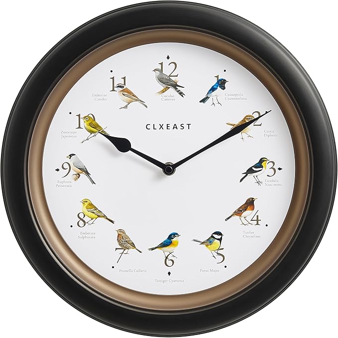 CLXEAST 13.3 Inch Singing Bird Wall Clock with Original 12 Native Recordings Sounds,Auto Night Silence,Gift for Bird Lovers,Oil Rubbed Bronze Black Finish,House Warming Gifts New Home