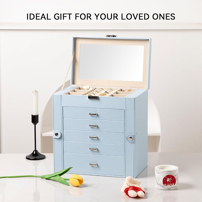 Frebeauty Large Jewelry Box,6-Tier PU Leather Jewelry Organizer,Multi-functional Storage Case with Mirror,Accessories Holder with 5 Drawers for Necklace Bracelets Watches(Sky Blue)