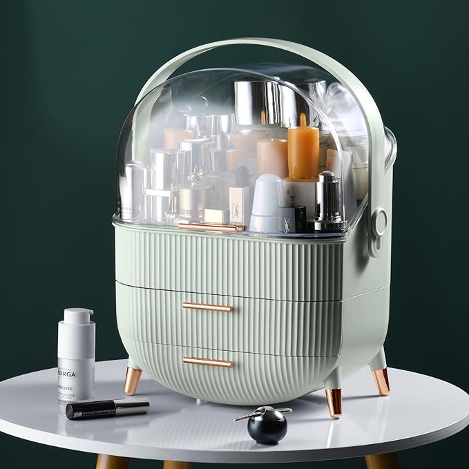 CANITORON Makeup Organizer,Skincare Organizer with 2 Drawers and Transparent Cover,Cosmetic Display Case for Vanity Organizer and Bathroom Countertop Storage.(Sage Green)