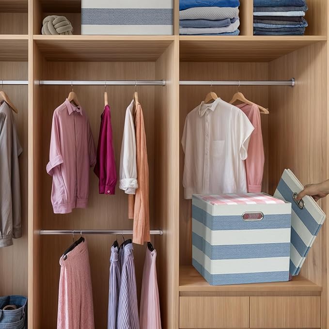 11x11 Cube Storage Bins, Collapsible Fabric Storage Cubes, Cubby Storage Organizer Bins Striped Container Baskets for Organizing Home Office Wardrobe Closet Shelf, Pack of 4, Blue/White