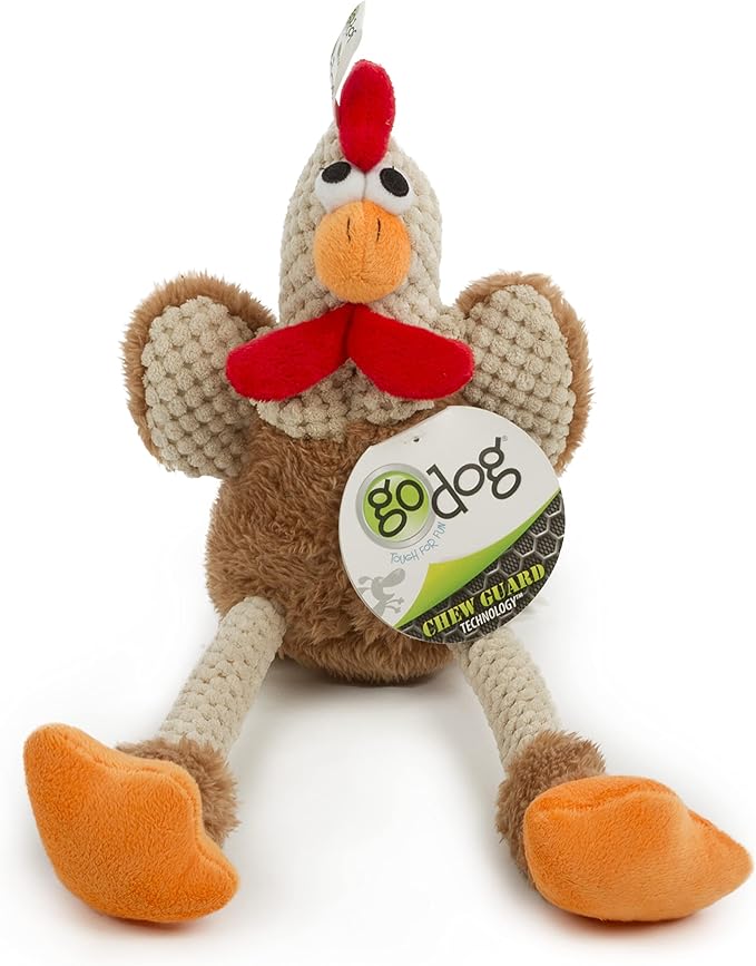 goDog Checkers Skinny Rooster Squeaky Plush Dog Toy, Chew Guard Technology - Brown, Small