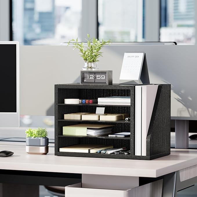 File Organizer Desktop, Wood Desk Organizer with 3 Adjustable Shelves, Mail Paper Sorter for Office, Home, File Holders for Envelopes, Mail Supplies or Magazines, Black