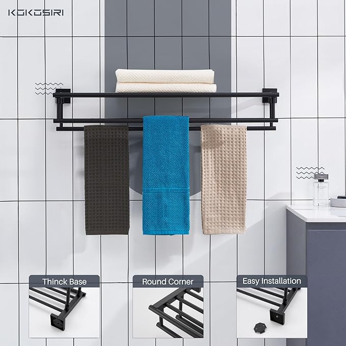 KOKOSIRI Bath Towel Rack with Double Towel Bars 32-Inch Bathroom Towel Shelves Towel Holder Wall Mounted Stainless Steel, Matte Black, B6005BK-L32