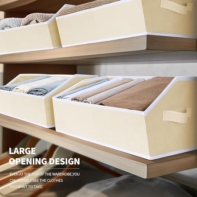 Trapezoid Closet Shelf Organizer - Large Baskets for Organizing, Fabric Storage Box for Shelves, Cube Storage Bins for Clothes, Books, Blankets, 3 Pack, Beige