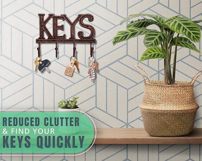 Comfify Key Holder for Wall - Decorative Farmhouse Rustic Wall Mount Key Organizer with 4 Hooks - Vintage Cast Iron Key Rack with Screws and Anchors – 6x8 - Copper with Black
