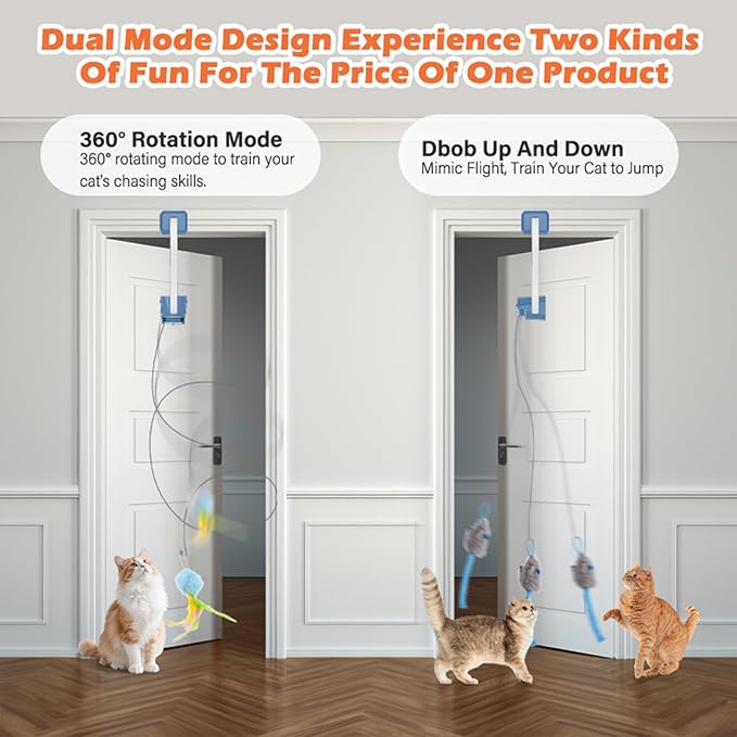 Interactive Cat Toy, Flapping Bird & Rotating Feather Teaser for Indoor Cats, Hanging Doorway Cat Toys with Fishing Pole for Exercise, Boredom Relief & Fun Games