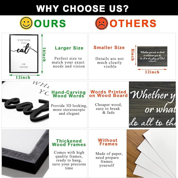 3D Wood Christian Dining Room Wall Art, Framed Bible Verse Wall Art, Jesus Wall Decor for Dining Room Kitchen Living Room Bedroom (Ready to Hang, 12x16 inches, Set of 3, Framed)