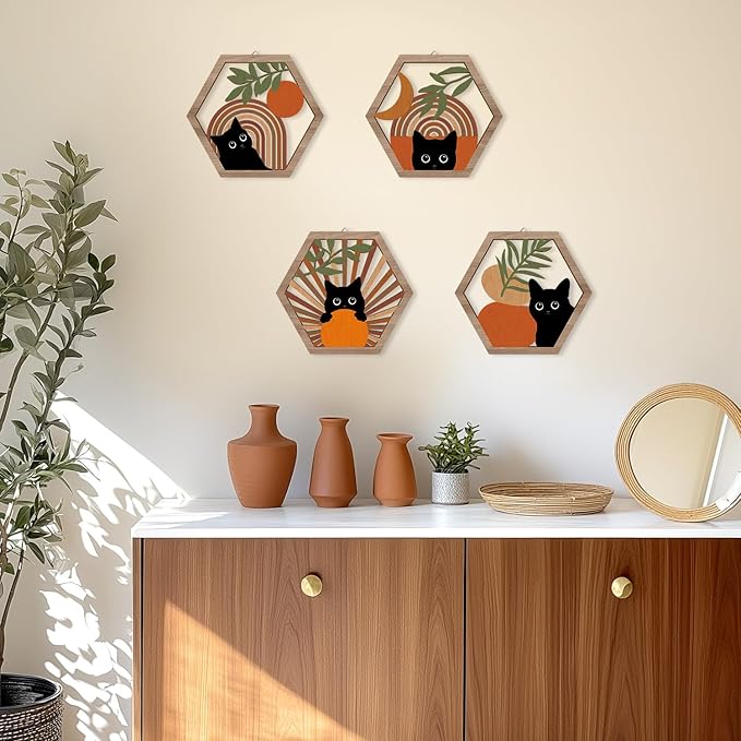 HPNIUB Boho Black Cat Wall Decor, Farmhouse Geometric Hanging Wooden Wall Art, 4 Pieces 11''x9.8'' Mid Century Bohemian Abstract Moon and Sun Wood Sign for Nursery Bedroom Decoration, Lovely Cat Gifts
