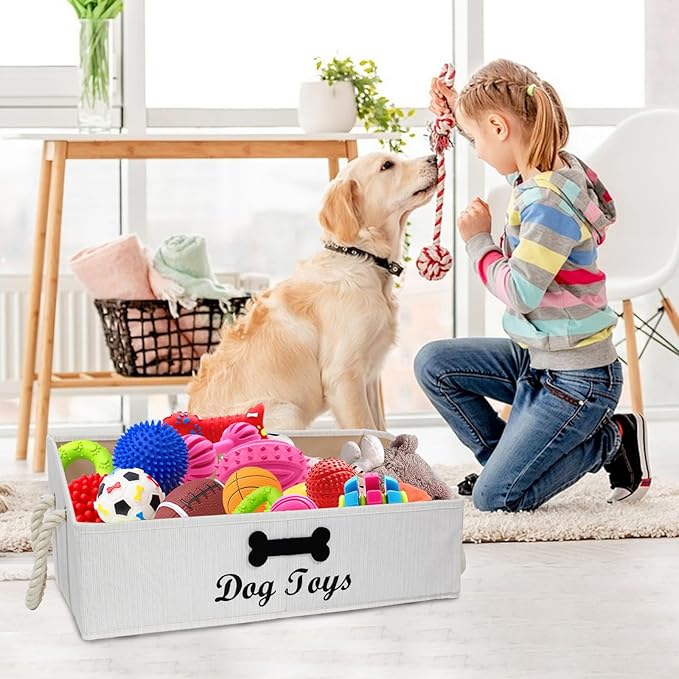 Geyecete Large Dog Toys Storage Bins-Foldable Fabric Trapezoid Organizer Boxes with Cotton Handle,Can be Personalized,Collapsible Basket(Beige-Dog)