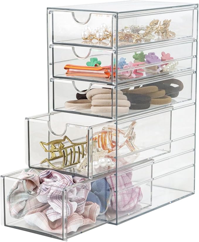 Plastic Drawer Storage with 5 Different Sizes Drawers, Clear Light Gray Hair Accessories Organizer, Transparent Dresser Bathroom Organizer