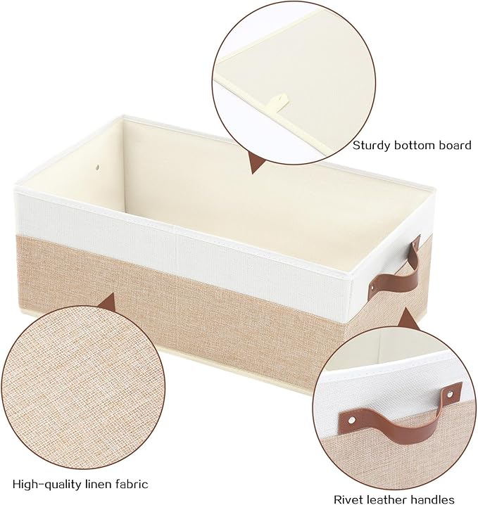 Closet Organizer Bins 3 Pack, Large Storage Bins for Shelves, Foldable Closet Storage Boxes Baskets with Leather Handles for Organizing Clothes, Sheets, Jeans, Toys, Books（Begie）