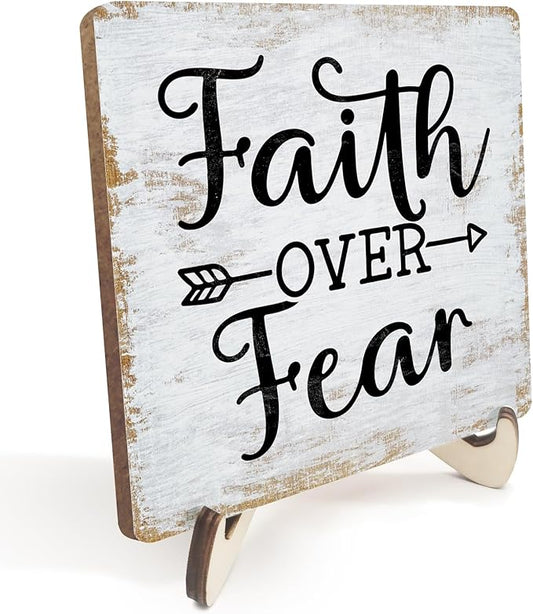 Motivational Sign Rustic Desk Decor Decorative Christian Gifts Religious Bible Verse Faith Decoration for Home Living Room Office Table Shelf Tiered Tray Plaque with Wood Stand