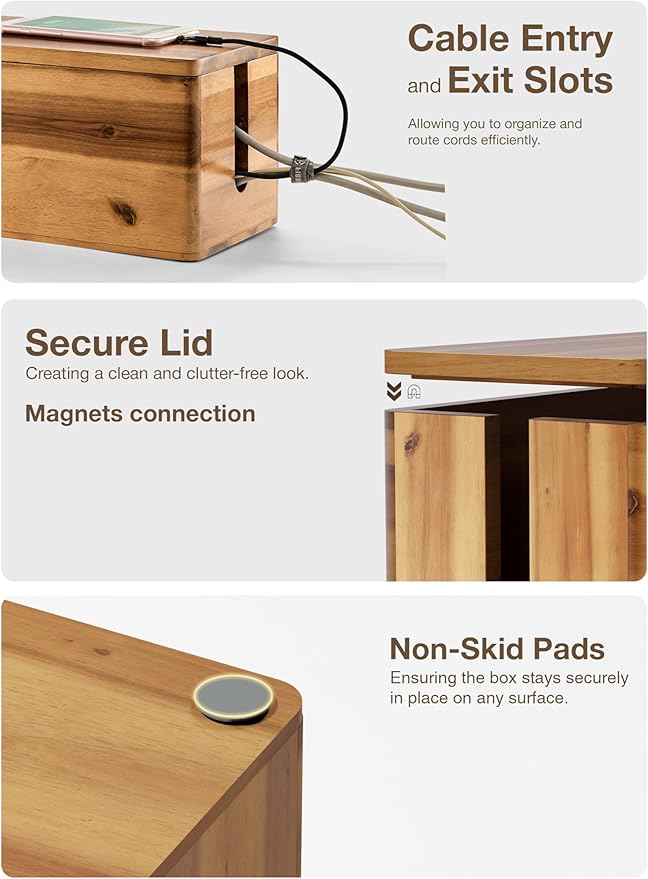 Acacia Wood Cable Management Box Round Edge - 16" L Wooden Cable Organizer Box for Electrical Hiding Cord Management - Power Strip Hider Cable Storage Box for Office, Router Wires, Under Desk