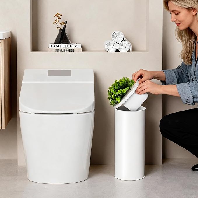 Cesun Toilet Paper Storage Bin, Enclosed Toliet Paper Holder with 3-Roll Capacity, White Stainless Steel Canister with Decorative Green Plant Lid