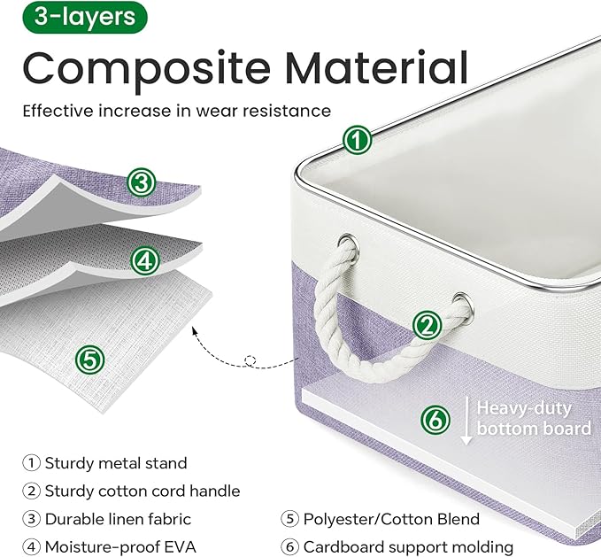 Storage Baskets, Fabric Storage Bins, Versatile Storage Baskets for Shelves with Handles, Large Closet Organizers for Shelves, Clothing, Toys, Books (3-Pack 15.7x11.8x8.2 inch, White&Purple)