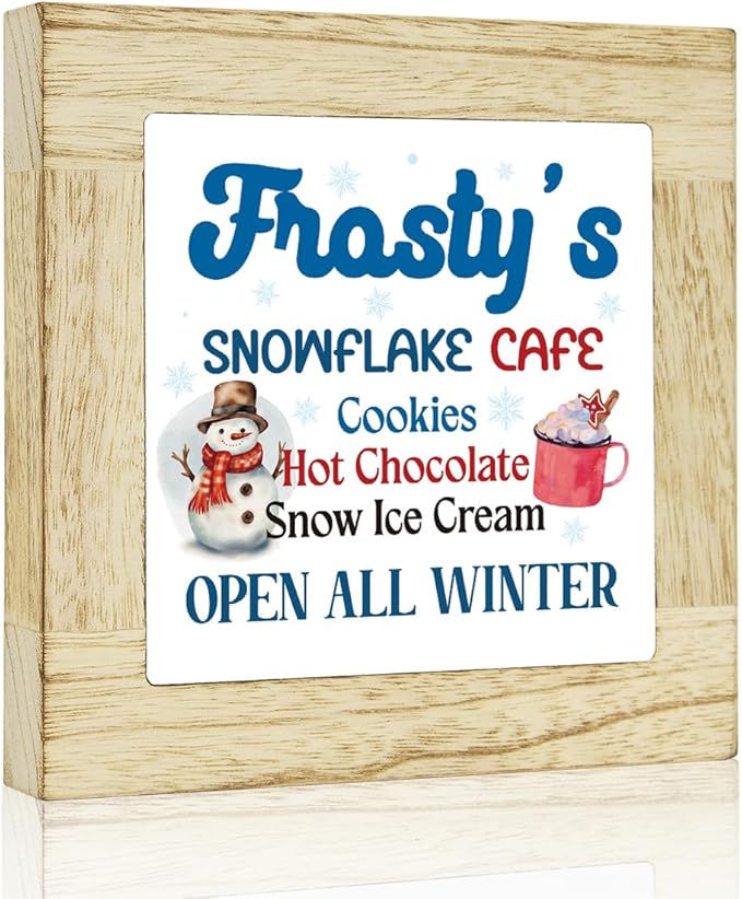 Winter Hot Cocoa Bar Sign Winter Snowman Signs for Home Decor Coffee Bar Christmas Decor for Table Frosty's Snowflake Cafe Sign 6 x 6 inches