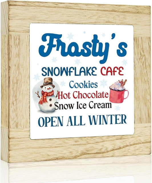 Winter Hot Cocoa Bar Sign Winter Snowman Signs for Home Decor Coffee Bar Christmas Decor for Table Frosty's Snowflake Cafe Sign 6 x 6 inches