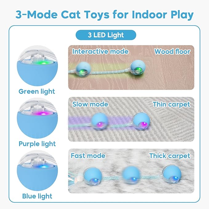 Interactive Cat Toys for Indoor Cats & Dogs, Agile Moving Cat Ball with Elastic Mesh Tail, Rechargeable Enrichment Toys, Smart Automatic Rolling Pet Ball Toys for Bored Indoor Dogs & Cats (Blue)