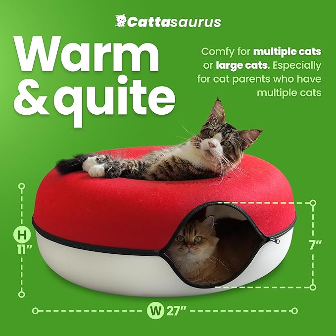 Cattasaurus Peekaboo Cat Cave, Extra Spacious for Multiple & Large Cats 12+ lbs, Scratch Detachable Cat Beds for Indoor Cats, Washable Tunnel Bed, Comfy Donut Tunnel (Ruby Snowball, Jumbo)