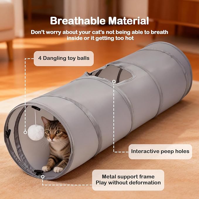 Cat Tunnel 3 Straight Shaped Pet Tunnels, Tube Cat Toys 6 DIY Shapes with Wand Toys, Scratch Resistant Collapsible Cats Tubes for Indoor Puppy, Kitten, Rabbit Silver 82in
