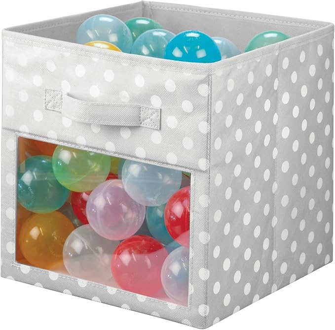 mDesign Fabric Nursery/Playroom Closet Storage Organizer Bin Box, Front Handle/Window for Cube Furniture Shelving Unit, Hold Toys, Clothes, Diapers, Bibs, 4 Pack, Gray/White Polka Dot