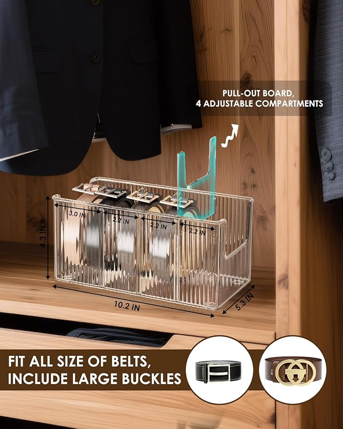 HAYVAN 2-Pack Acrylic Belt Organizer for Closet & Drawer - 8 Detachable Compartments, Clear Belt Holder Display Fits Most Sizes, Storage for Ties, Bows, Jewelry (Space-Saving Design)