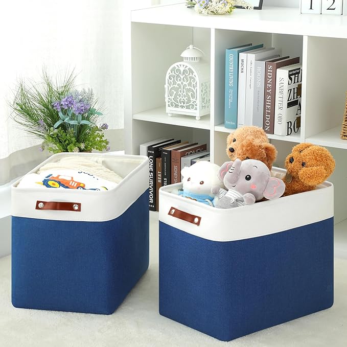 DULLEMELO Extra Large Storage Baskets, Fabric Storage Bins for Organizing Shelves Nursery Toys Books, Closet Baskets and Bins with Handles, White&Blue, 2-Pack