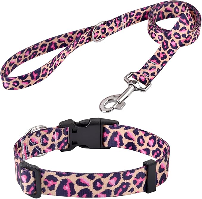 Dog Collar and Leash Set with Bohemia Floral Tribal Geometric Patterns - Soft Ethnic Style Collar Adjustable for Small Medium Large Dogs(Pink Leopard Set,L)