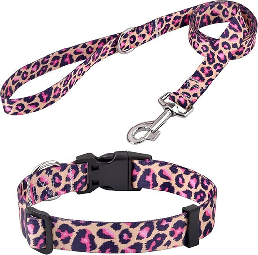 Dog Collar and Leash Set with Bohemia Floral Tribal Geometric Patterns - Soft Ethnic Style Collar Adjustable for Small Medium Large Dogs(Pink Leopard Set,L)