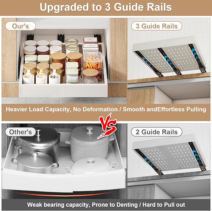 2Pc Pull out Cabinet Organizer,Width (11"-16"),Depth(17"-24") Expandable with 3 Rails,No Drill Roll out Drawers,Adhesive Sliding Drawers,Slide out Shelves for Cabinets Without Lip,Kitchen,Pantry,White