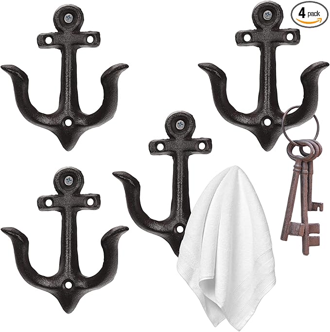 XINGYAN Vintage Rustic Cast Iron Nautical Sea Anchor Design Wall Hooks,Home Coat Rack,Decorative Wall Mounted Antique Shabby Chic Metal Bathroom Towel,Coat Hooks,Hanger,Screws Inside (Black[4pcs])