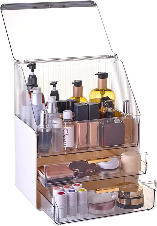 Large Cosmetic Organizer Fully Transparent with Drawers, Dustproof Waterproof Bathroom Counter Storage for Skincare Lipstick Makeup Brushes(White)