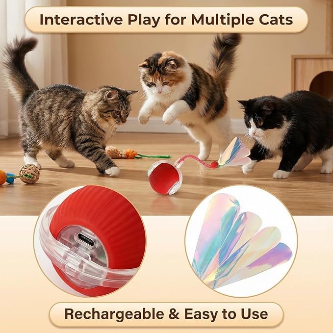 JBD Interactive Cat Toy Ball for Indoor Cats - Silent Automatic Rolling & Self Moving Electric Kitten Toys, USB Rechargeable Smart Ball with Tail, Motion Activated Hunting Exercise for Bored Cats
