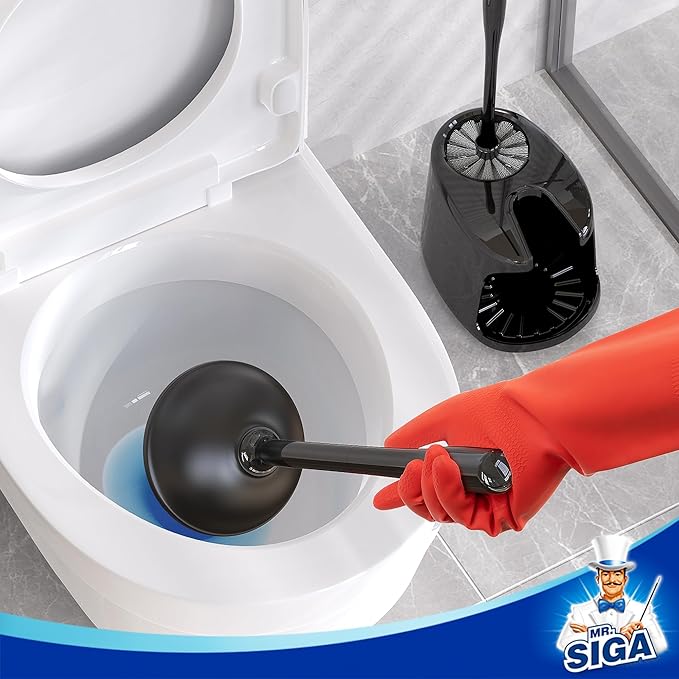 MR.SIGA Toilet Plunger and Bowl Brush with Holder, Heavy Duty Toilet Brush and Plunger Set for Bathroom Cleaning, Black, 1 Set