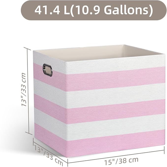 13x15x13 Storage Cube Bins, Foldable Storage Cubes, Fabric Organizer Basket Bin, Striped Containers Decorative Storage Boxes for Shelves Wardrobe Closet Home Office, 4 Pack, Pink/White
