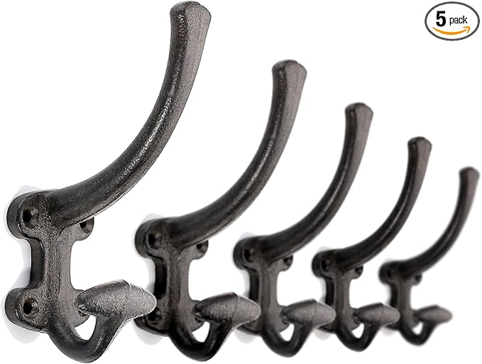 Ambipolar 5-Pack Decorative Cast Iron Heavy Duty Double Wall Hooks, Vintage Hooks in Antique Black Coat Hooks Wall Mounted for Mudroom, Hat Rack
