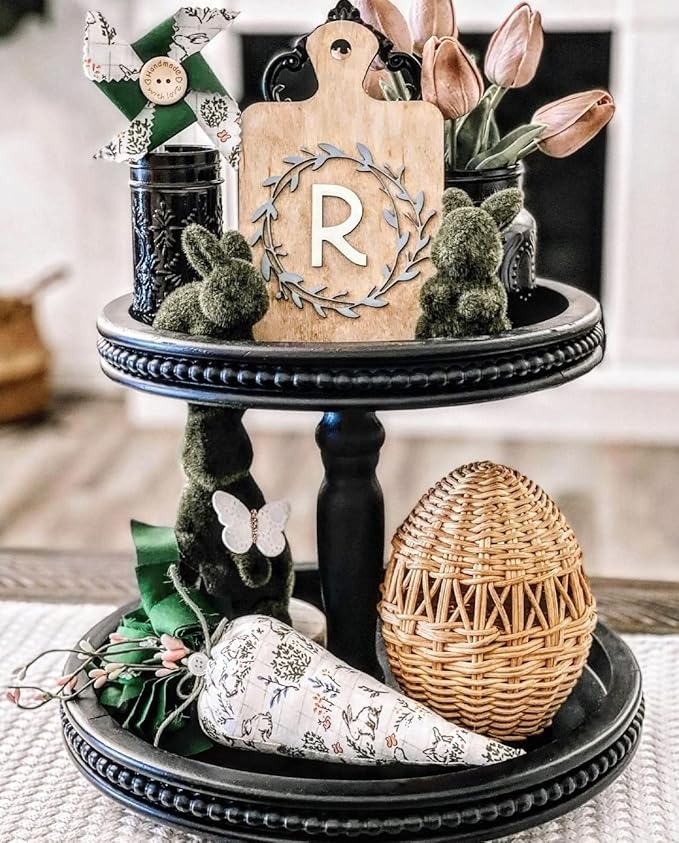 2 Tiered Tray Wooden Serving Stand by Felt Creative Home Goods. Small Beaded Tray for Home Decor Display Farmhouse Country Decoration Kitchen or Dining. Includes 3 Finial Custom Handles (Black)