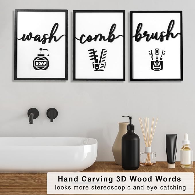 3D Wood Funny Bathroom Wall Art, Framed Black and White Bathroom Pictures Wall Decor, Cute Toilet Pictures for Bathroom Signs Decor(Ready to Hang, 12x16 inches, Set of 3, Framed)