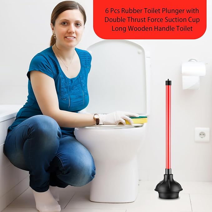 Domensi 6 Pcs Toilet Plunger Bulk Heavy Duty Rubber Plug for Bathroom Suction Cup Double Thrust Force Commercial Bowl Plunger Pump Clogged for Bathroom Hotel Stores 20.5"x 4" (Red)