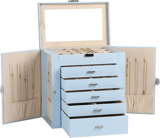 Frebeauty Large Jewelry Box,6-Tier PU Leather Jewelry Organizer,Multi-functional Storage Case with Mirror,Accessories Holder with 5 Drawers for Necklace Bracelets Watches(Sky Blue)