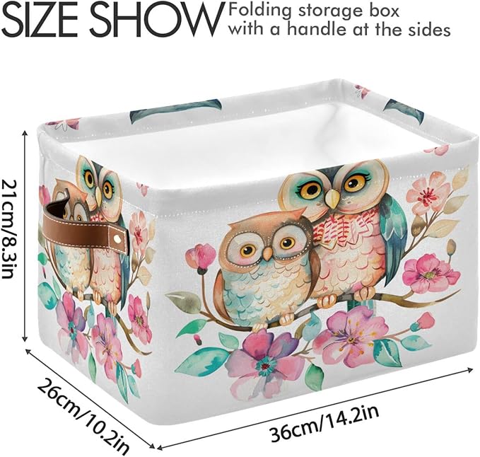 Large Storage Basket Cute Owl Couple Flowers Storage Bin Cube Canvas Fabric Organizer Handles Collapsible for Clothes Toys Bedroom Decorative