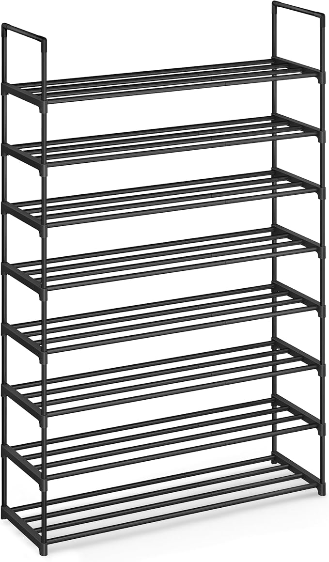 SONGMICS Shoe Rack, 8-Tier Shoe Organizer, Metal Storage Shelf, Upright or Upside Down, for 32-40 Pairs, Stackable, for Entryway, 11.8 x 36.2 x 56.5 Inches, Black ULSA308BH01