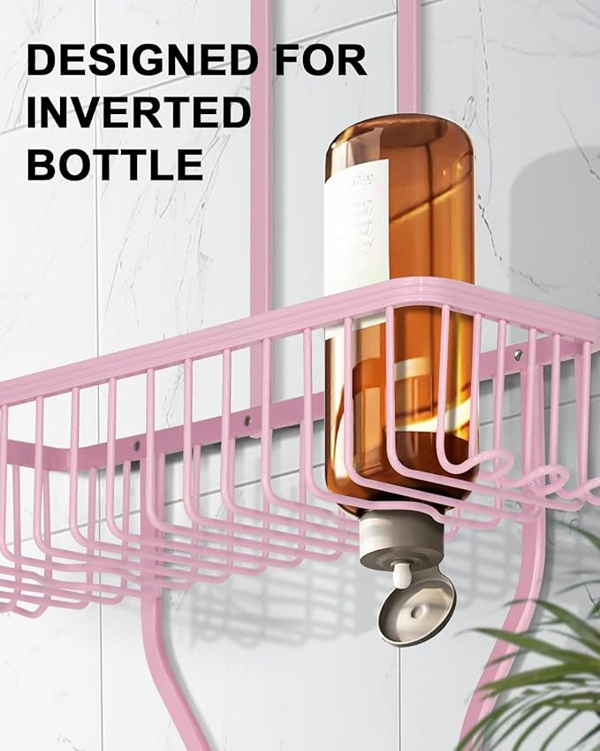 Pink Shower Caddy for Bathroom - Never Rust Hanging Shower Organizer with Soap Basket and Hooks - Large Capacity 3 Tier Aluminum Over The Showerhead Caddy