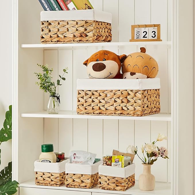 Vagusicc Wicker Storage Basket, 6 Pack Baskets for Organizing, Water Hyacinth Storage Basket, Rectangular Wicker Baskets for Storage Shelves, Cube Storage Bins For Closet/Clothes/Dresser