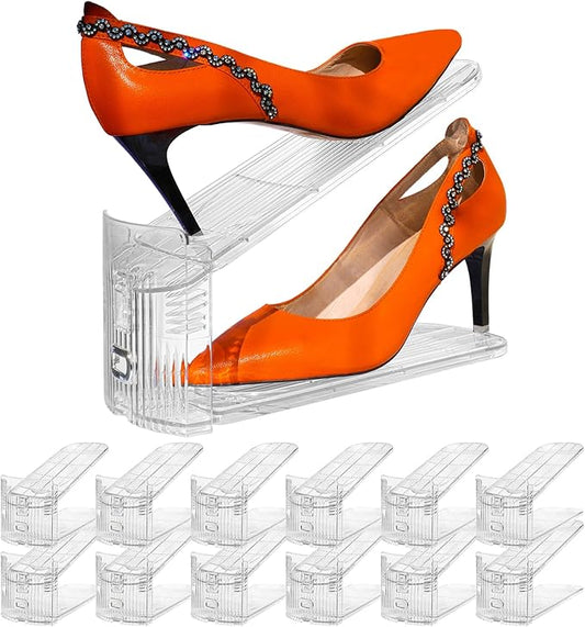 Shoe Slots Organizer, 12PCS Adjustable Double Layer Stack Shoe Rack, 50% Space-Saving Storage Rack Holder, Transparent