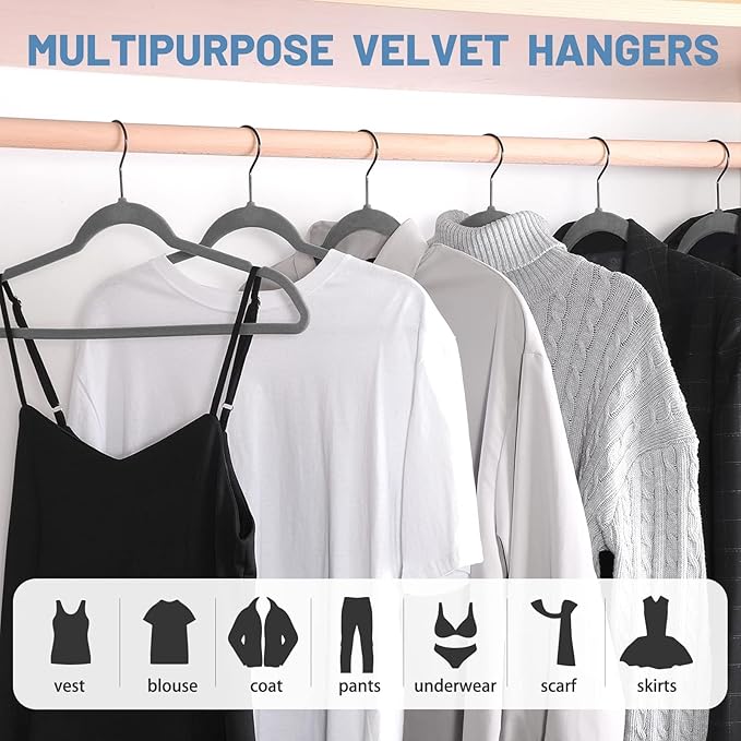 HOUSE DAY Grey Velvet Hangers 60 Pack, Non Slip Felt Hangers, Heavy Duty Velvet Clothes Hanger, Ultra Slim Hanger Space Saving, Perfect for Shirt, Suits, Pants