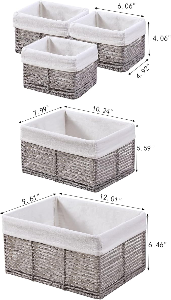 Vagusicc Wicker Storage Basket, Hand-Woven Paper Rope Wicker Baskets, Rectangular Small Wicke Baskets for Organizing, Cube Storage Bins for Closet/Clothes/Dresser, Grey, 5-Pack