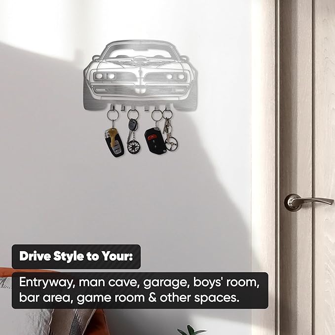 MOOH Key Holder for Wall - Metal Automotive Key Holder With 6 Hooks - Unique Car Gift for Men, Women, Car Lovers & Enthusiasts - Cool Man Cave Decor (Pontiac Firebird 1977, Stainless Steel)
